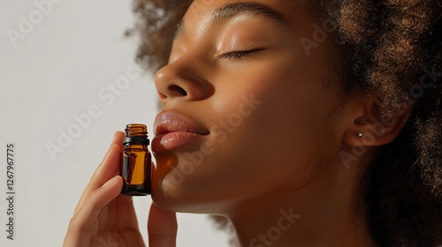 Woman inhales essential oil, studio shot, sunlight