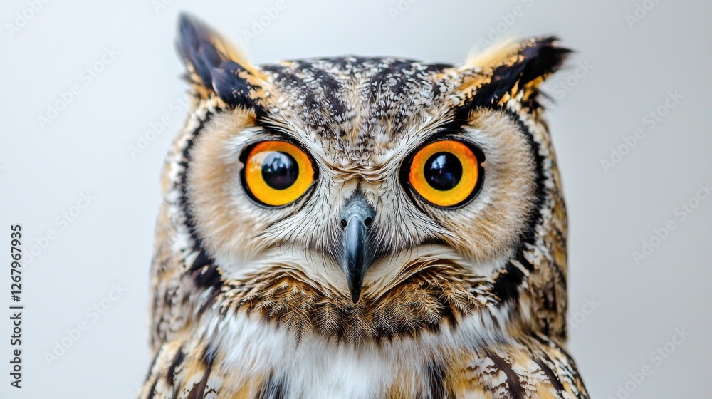 Wise owl with piercing yellow eyes staring intensely on a crisp white background. Wise owl with piercing yellow eyes staring intensely on a crisp white background.
