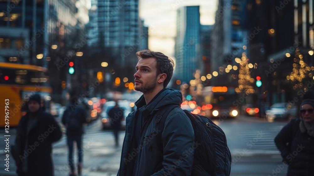 Visionary startup founder crossing a busy intersection, determination in his eyes. Visionary startup founder crossing a busy intersection, determination in his eyes.