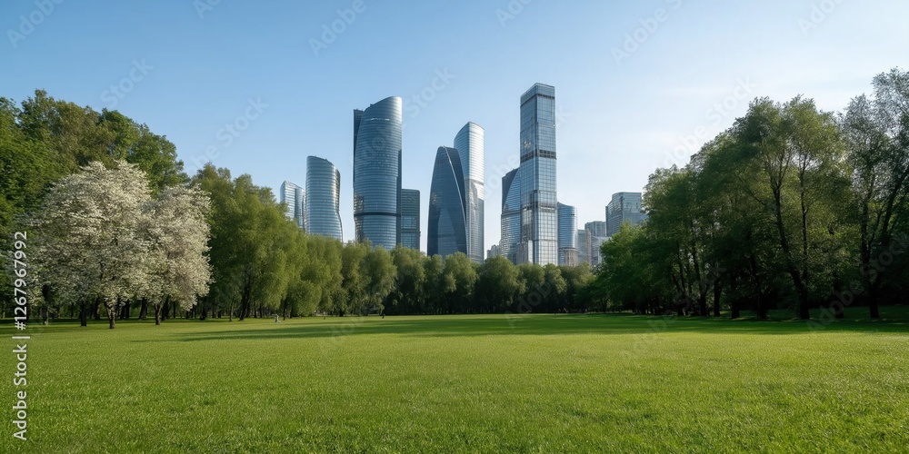 A city skyline is visible in the background of a large, green field. The city is filled with tall buildings, and the field is lush and green. Concept of tranquility and harmony between nature A city skyline is visible in the background of a large, green field. The city is filled with tall buildings, and the field is lush and green. Concept of tranquility and harmony between nature