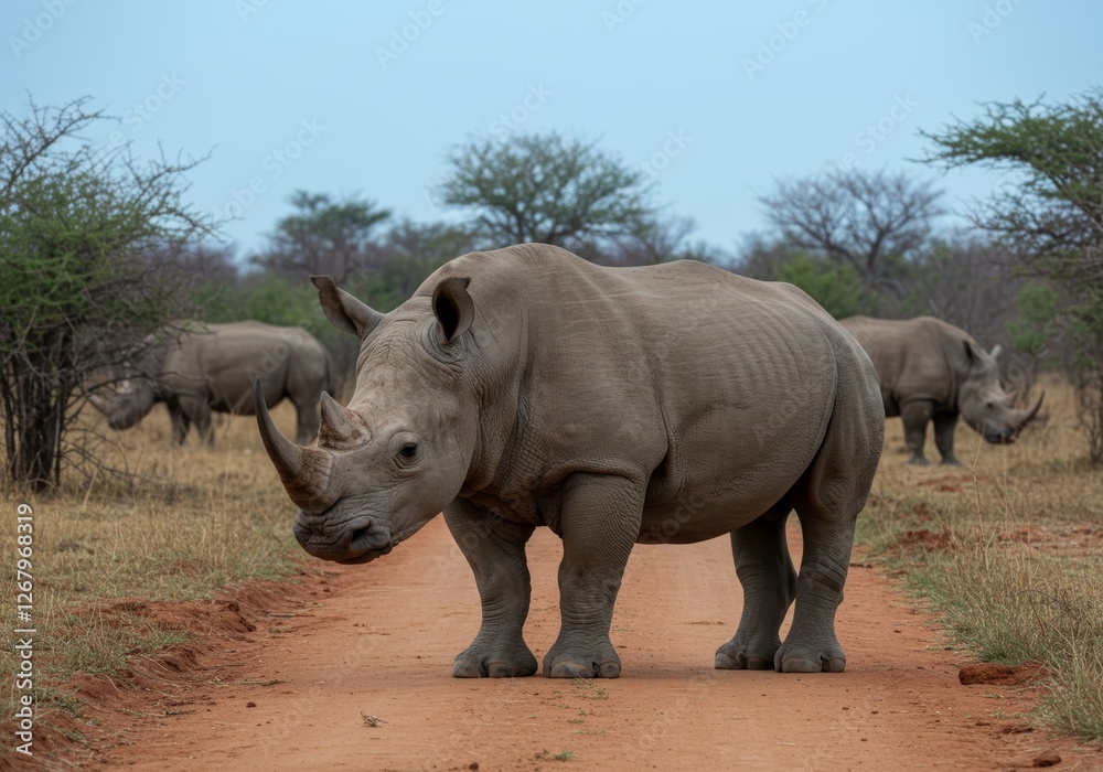A rhinoceros standing on a dirt path in the savanna with a clear blue sky, natural lighting, and soft shadows, surrounded by trees and other rhinos.
A rhinoceros standing on a dirt path in the savanna with a clear blue sky, natural lighting, and soft shadows, surrounded by trees and other rhinos.