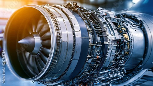 Jet engine in hangar, sunlit, undergoing maintenance