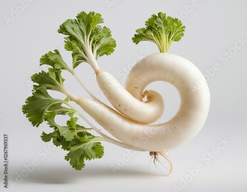 Intricately shaped white radish with leafy greens, arranged in a whimsical, spiral form. photo