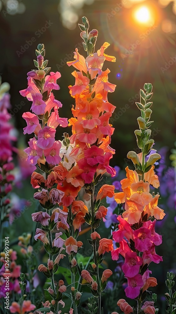 Obraz premium Colorful gladiolus flowers glowing in sunset light