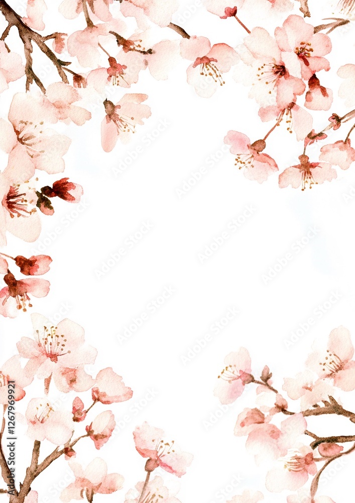 Fototapeta premium Watercolor Floral Frame with Soft Pink Cherry Blossoms and Delicate Brown Branches