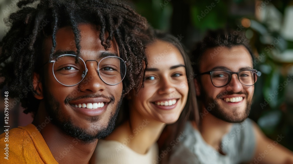 Fototapeta premium Three diverse young adults smiling together, showcasing genuine happiness and friendship.