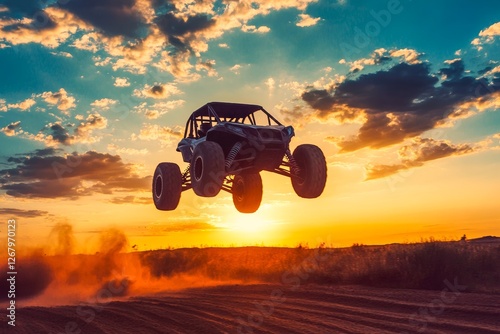 Dune buggy, an off-road vehicle, jumping in the air at sunset with a beautiful sky and clouds.