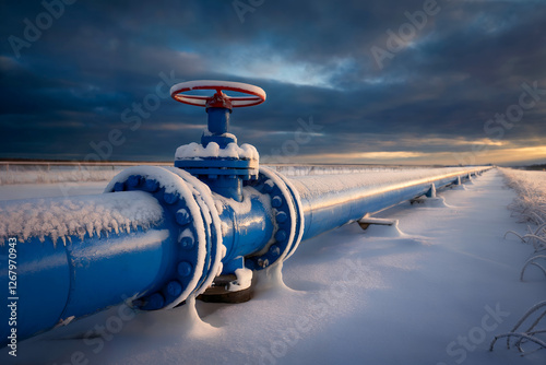 a long frozen blue pipeline stretching into the distance, to the horizon, through a snowy field, against the background of an overcast sky