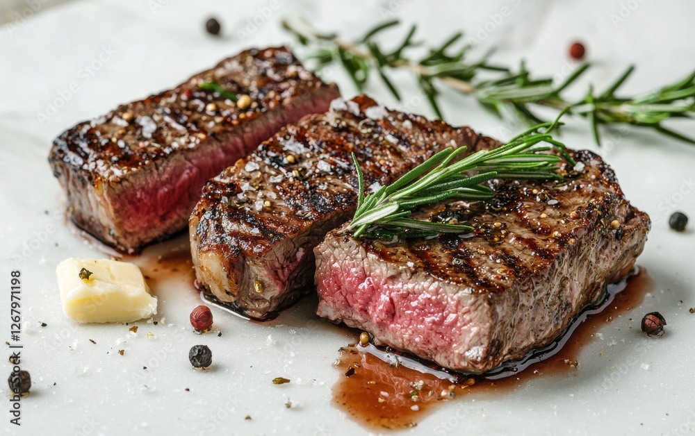 Seared steak with rosemary, butter, and flying sauce drops on a white elegant surface Seared steak with rosemary, butter, and flying sauce drops on a white elegant surface
