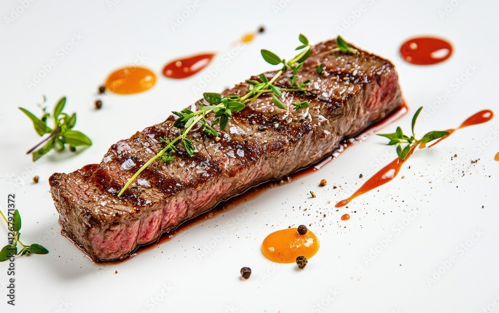 Steak with garnish and sauce splashes on a white background Steak with garnish and sauce splashes on a white background