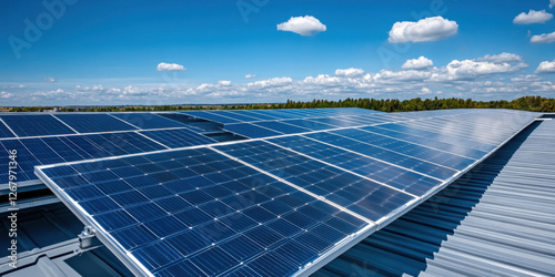 Solar panels are positioned on the roof, efficiently converting sunlight to energy while under a clear blue sky dotted with clouds photo