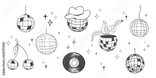 Disco ball doodle line tattoo y2k coquette trendy groovy decoration set. Retro dance party line hand drawn design elements. Disco ball, flower pot, vinyl with stars, sketch