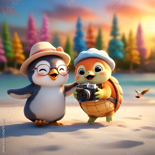 Cheerful penguins and turtles share fun moments with a vintage camera on the beach with colorful views at sunset.