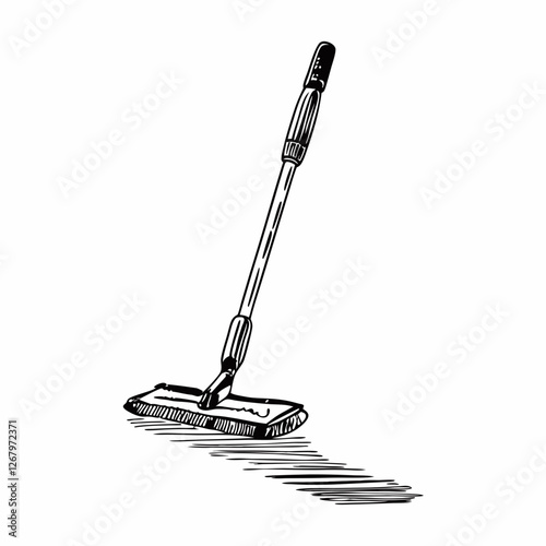 Sketch-style illustration of modern floor mop with flat base on tile. Concepts: surface cleaning, home maintenance, janitorial equipment, hygiene.