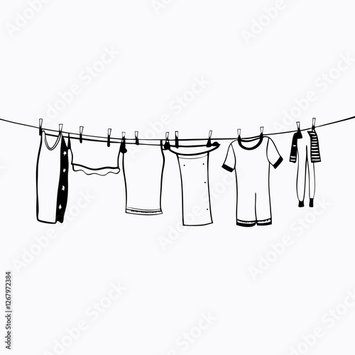Laundry icon with clothes hanging on rope line with pegs, black sketch style. Represents fresh air drying. Concept: household chores, eco washing, clean home aesthetics.