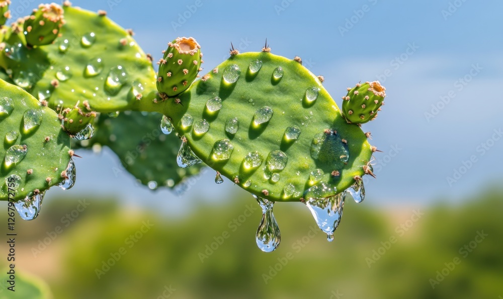 Close-up of vibrant cactus pads with water droplets glistening in sunlight, set against a blurred green background Close-up of vibrant cactus pads with water droplets glistening in sunlight, set against a blurred green background