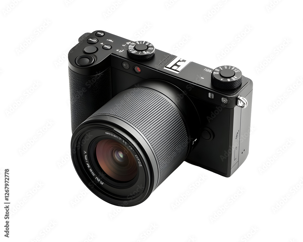 A digital camera in a sleek black design, showcasing professional photography equipment. A digital camera in a sleek black design, showcasing professional photography equipment.
