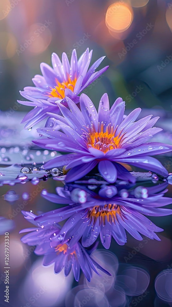 Fototapeta premium Purple lotus reflecting in tranquil pond