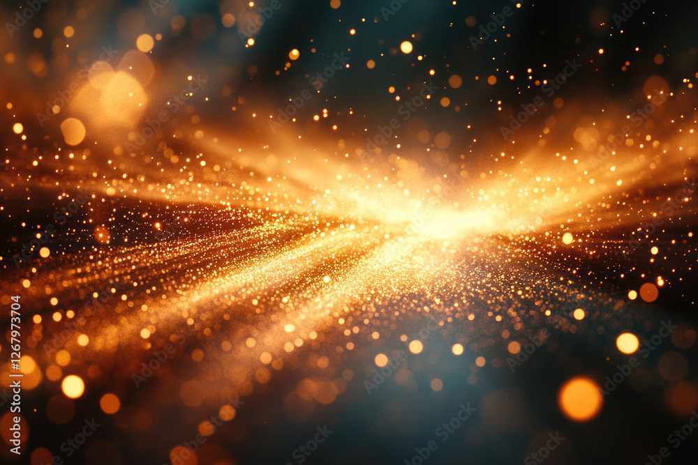 Obraz premium Golden sparkles and bokeh lights create a dreamy, cosmic scene, radiating warmth and energy.