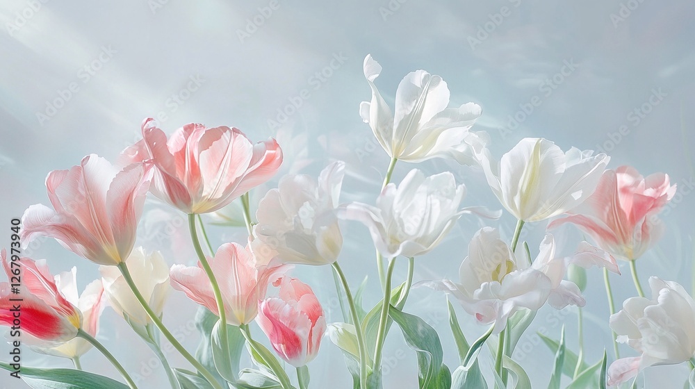 Obraz premium Elegant Pink and White Tulips on Soft Blue Background – Minimalistic Floral Composition with Natural Light and Copy Space