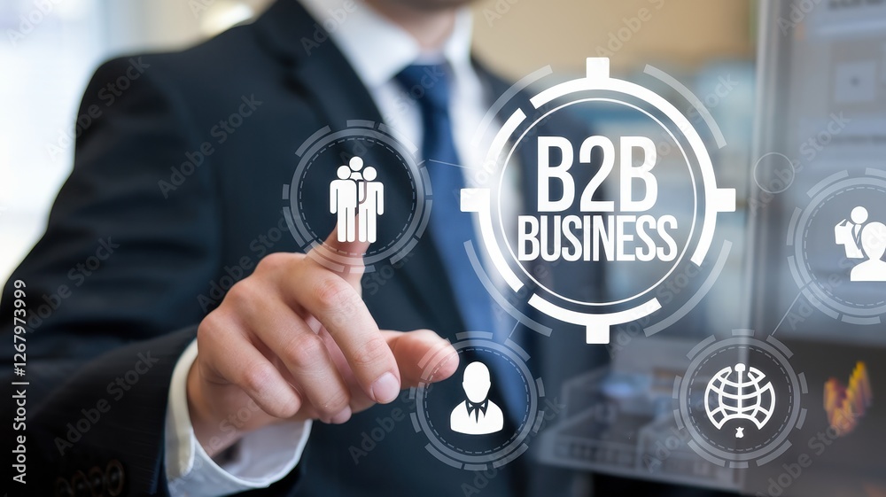 Businessman interacts with digital interface displaying business to business concept Businessman interacts with digital interface displaying business to business concept
