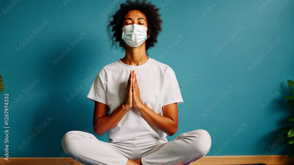 Woman in Mask Practices Yoga Meditation in Serene Setting, Sitting Cross Legged with Blue Background