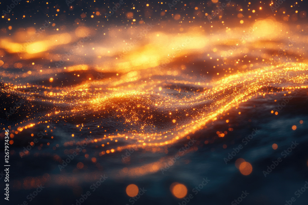 Glowing particles forming waves, abstract cosmic background, fiery golden texture. Glowing particles forming waves, abstract cosmic background, fiery golden texture.