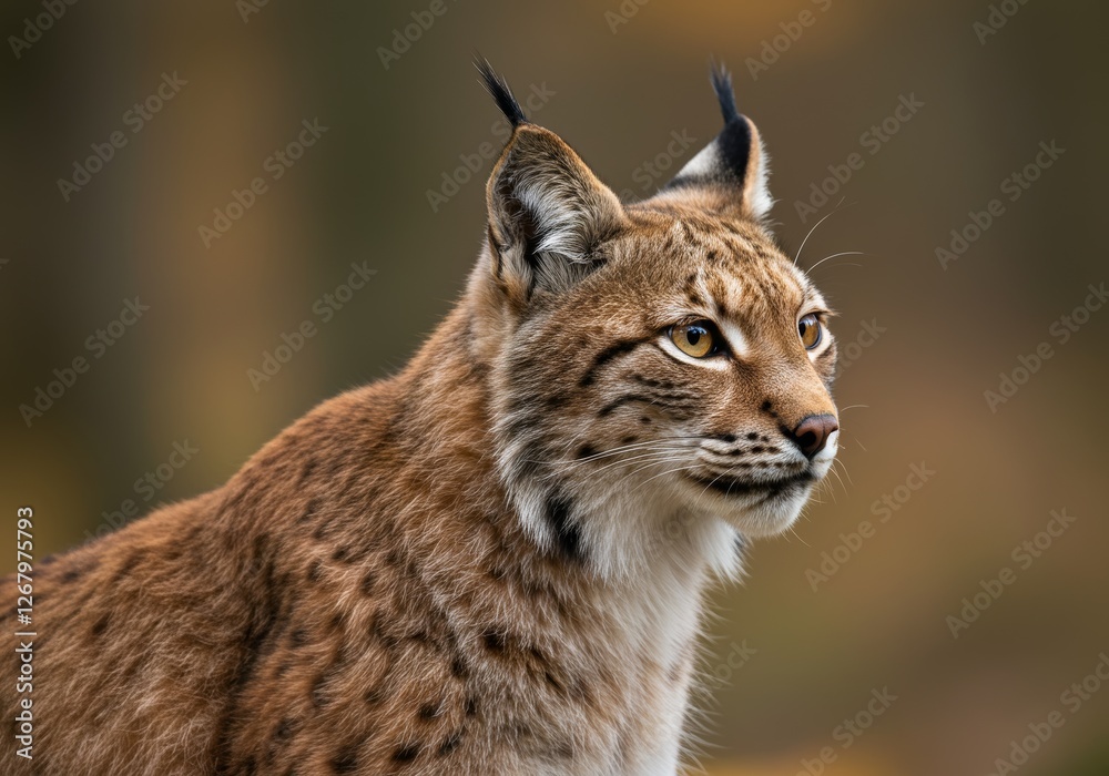 A Eurasian lynx in a natural setting, side profile, alert expression, short fur with dark brown and black spots, white underbelly, black tufted ears, autumn atmosphere, warm lightning A Eurasian lynx in a natural setting, side profile, alert expression, short fur with dark brown and black spots, white underbelly, black tufted ears, autumn atmosphere, warm lightning