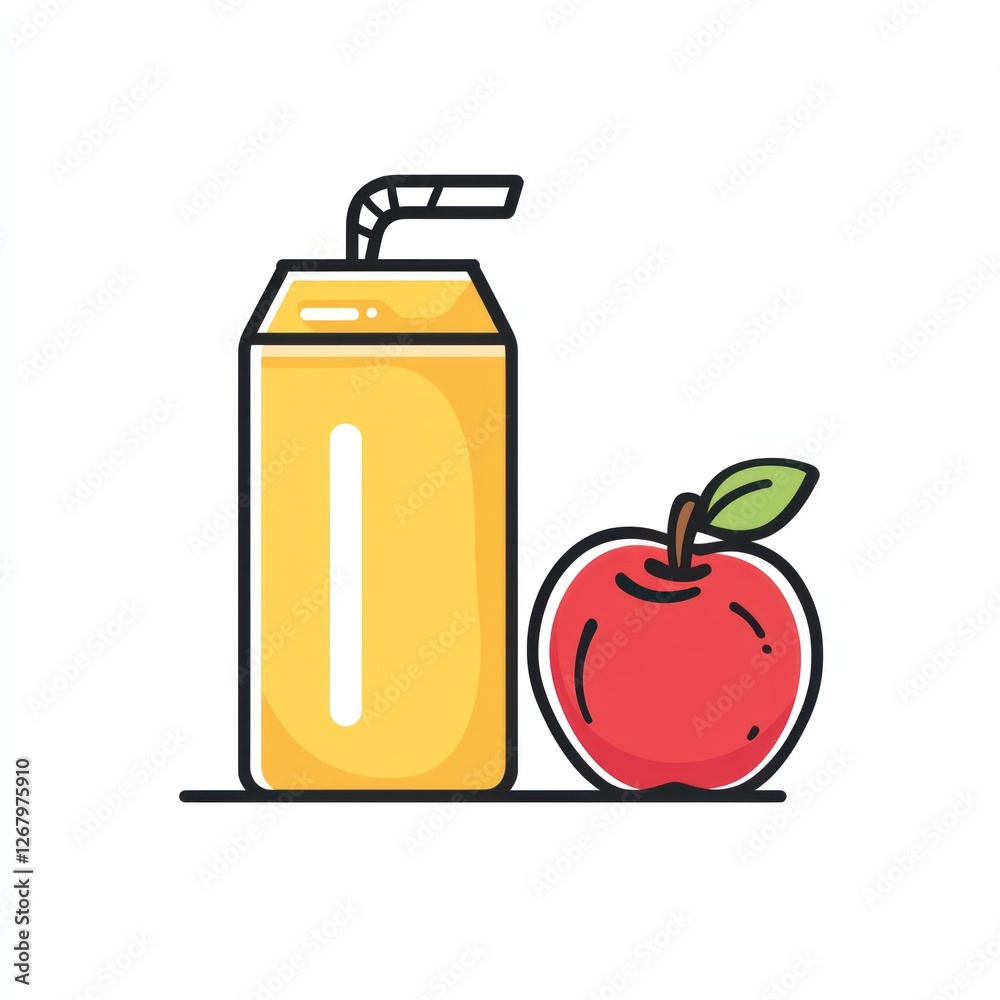 Cartoon juice box and apple, healthy drink, simple illustration Cartoon juice box and apple, healthy drink, simple illustration