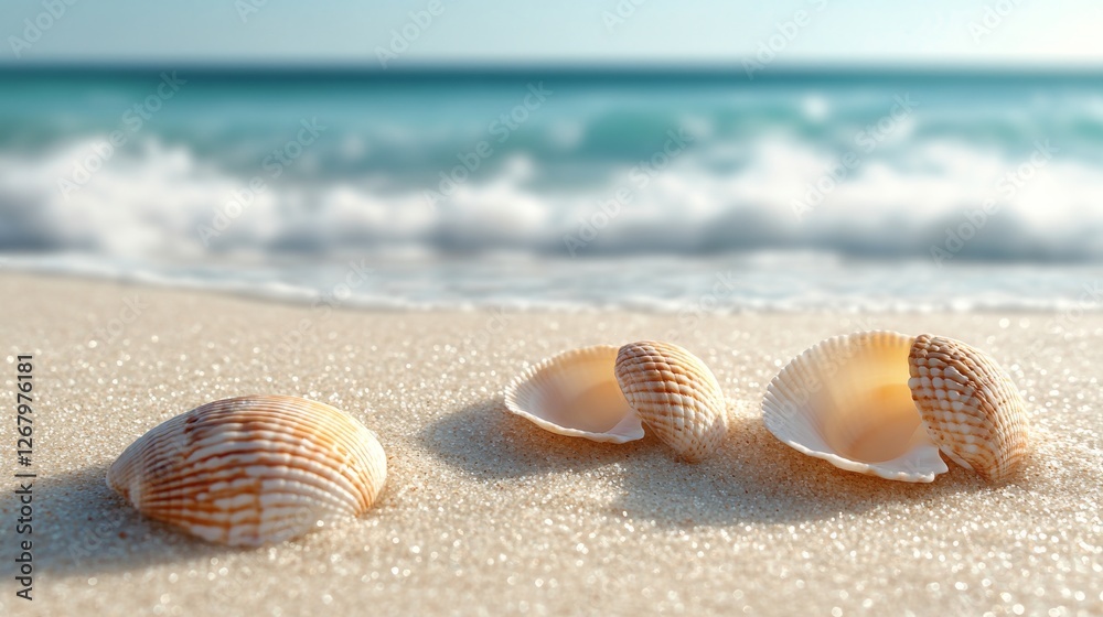 Seashore with a row of seashells against a tranquil turquoise ocean at midday light Seashore with a row of seashells against a tranquil turquoise ocean at midday light
