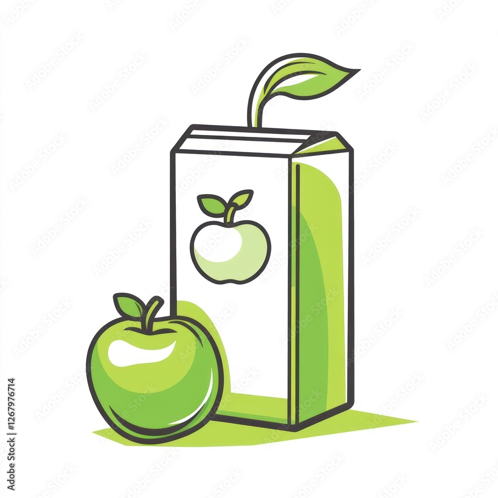 Green apple juice carton, leaf, white background, healthy drink, packaging design Green apple juice carton, leaf, white background, healthy drink, packaging design