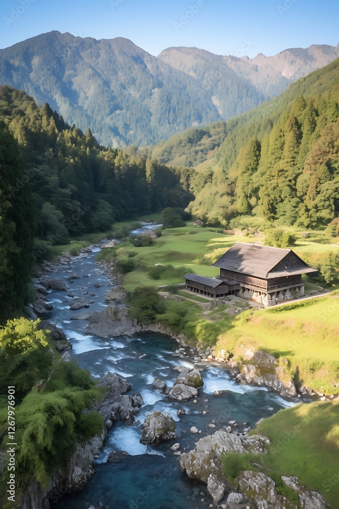 Mountain Valley Farmhouse River Landscape Mountain Valley Farmhouse River Landscape