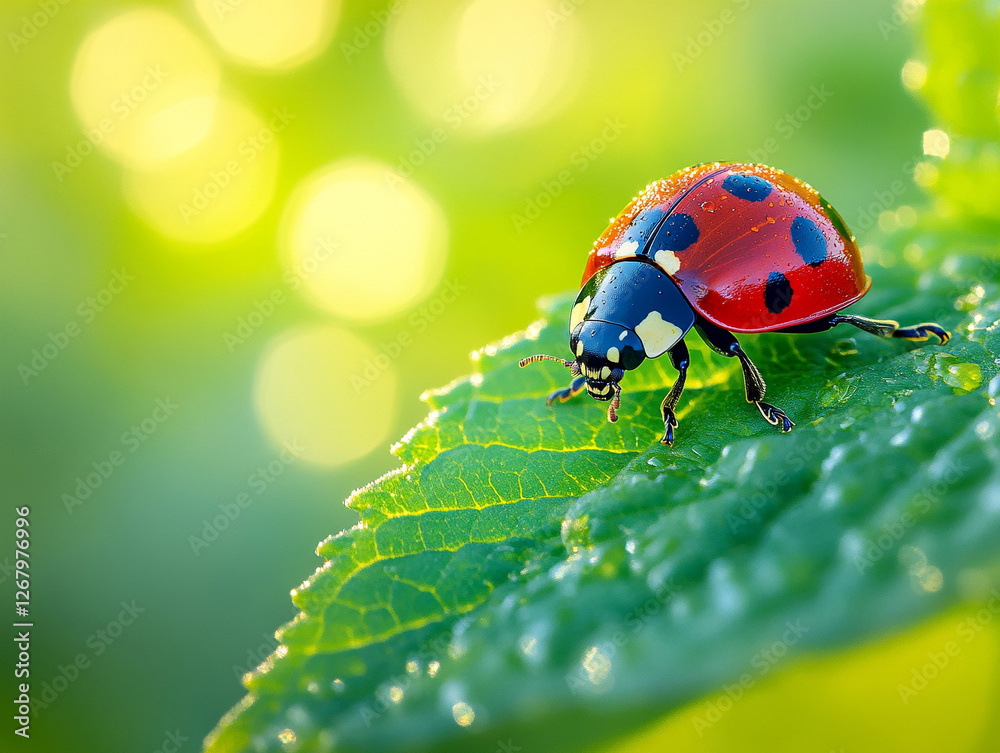 Naklejka premium Close-up of a ladybug on a green leaf with droplets