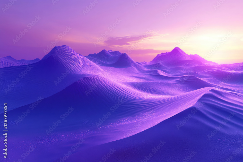 Purple sand dunes under a vibrant sunset, creating a surreal and dreamy landscape. Purple sand dunes under a vibrant sunset, creating a surreal and dreamy landscape.
