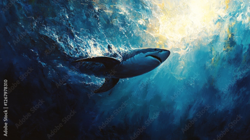 Fototapeta premium Majestic shark swimming through crystal clear blue waters of the ocean at dusk