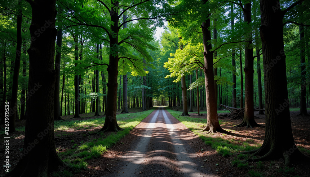 Fototapeta premium Scenic dirt road surrounded by lush green trees