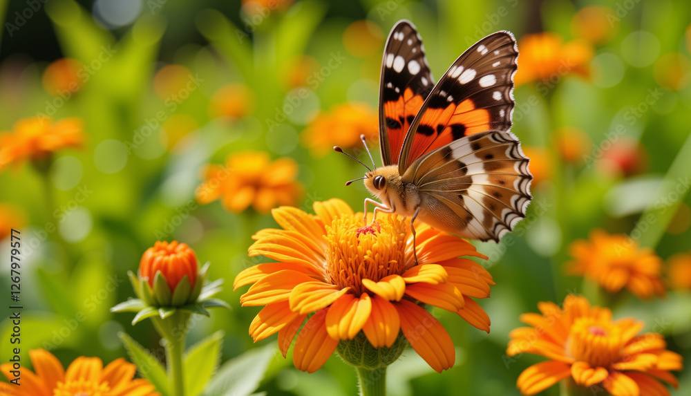 Butterfly landing on vibrant orange flower Butterfly landing on vibrant orange flower