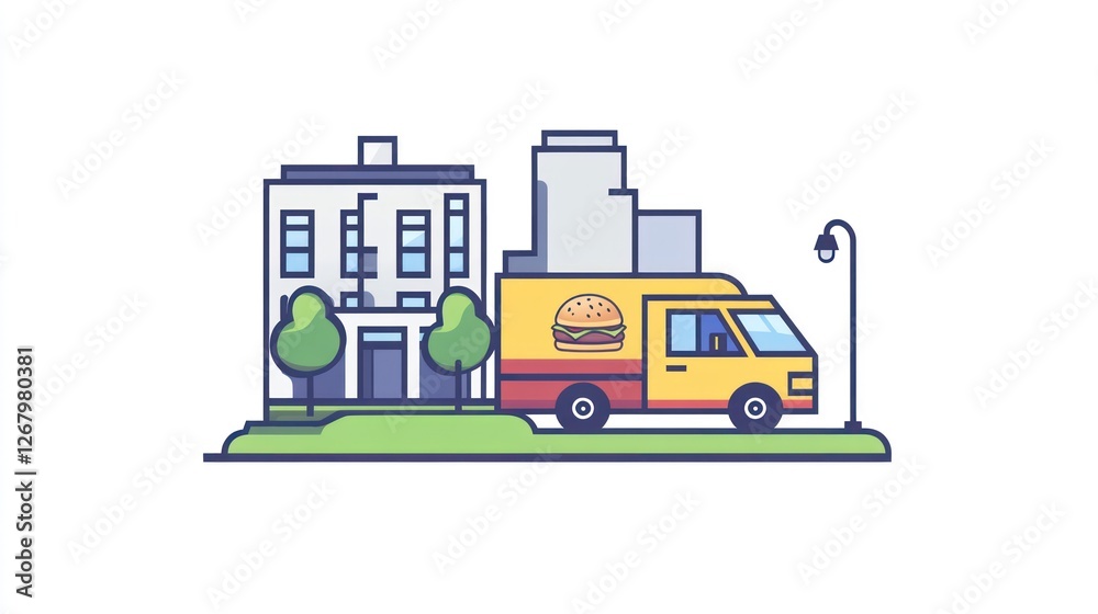 Naklejka premium Urban food truck parked in front of office buildings