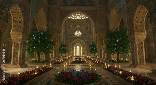 Interior of a grand Arabic palace, with Islamic architecture, and patterns,hallway