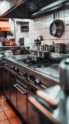 A busy commercial kitchen setting filled with pots and pans, showcasing an active cooking environment essential for food preparation in restaurants and eateries.