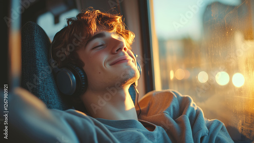 Young man enjoying music and relaxation during a sunny bus ride
