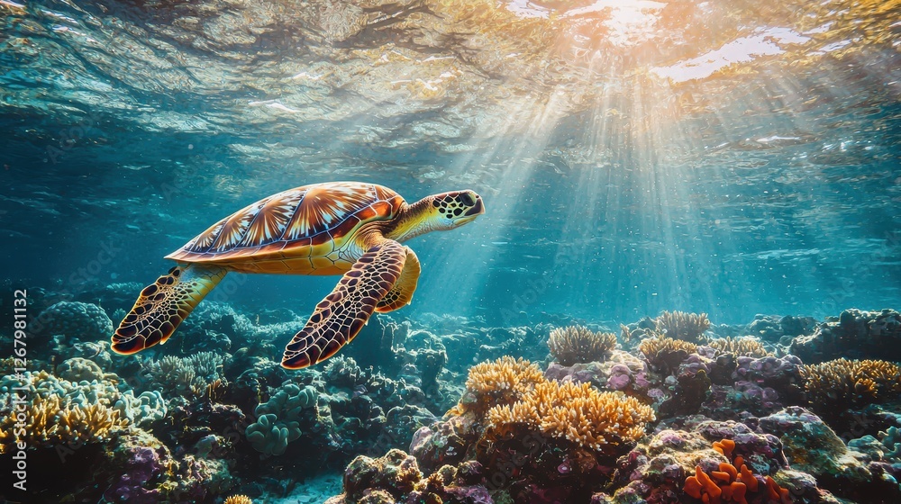 Obraz premium Curious sea turtle swimming through a vibrant coral reef, sunlight streaming through the crystal-clear water.