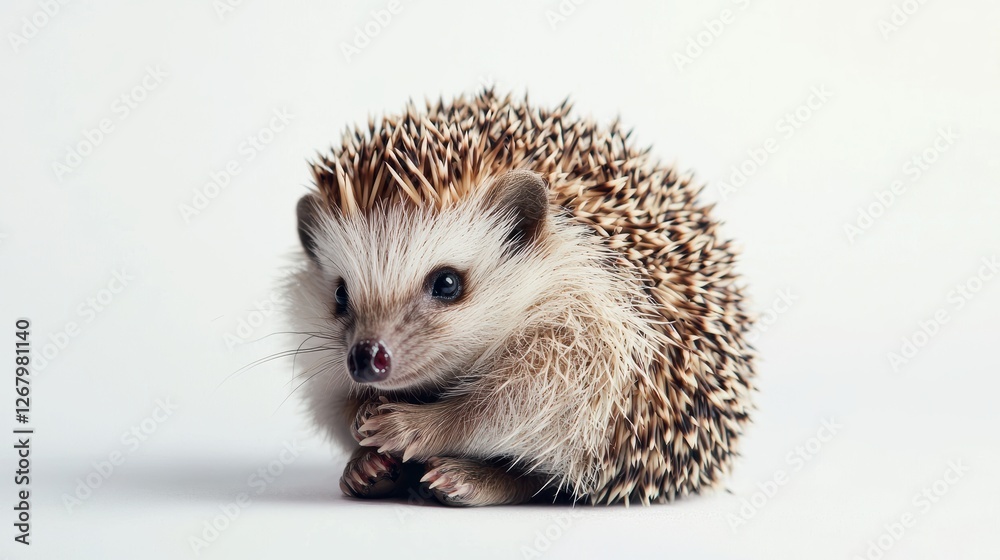 Obraz premium Cute little hedgehog curled up into a ball on a bright white background.