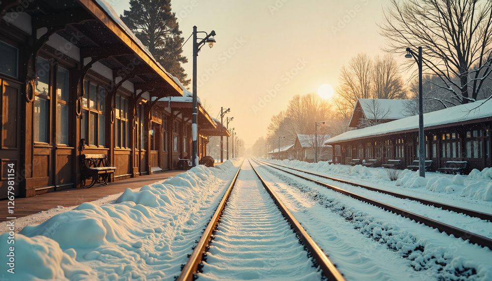 Fototapeta premium Winter train station with snowy tracks at sunrise 