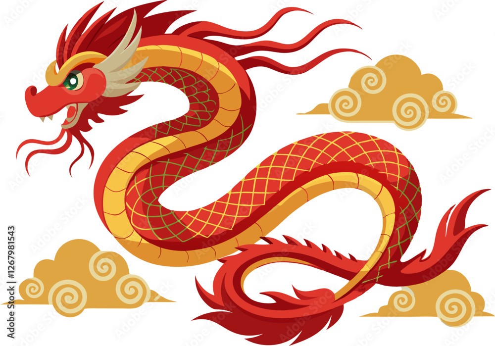 Obraz premium Cute dragon, snake seamless horizontal border pattern design with beautiful scene background swirl clouds, mountain, and wavy sea lines. Chinese decorative elements.