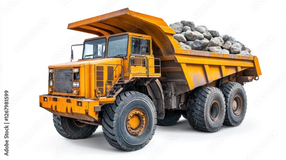Giant dump truck loaded with rocks, isolated on a white background. Giant dump truck loaded with rocks, isolated on a white background.
