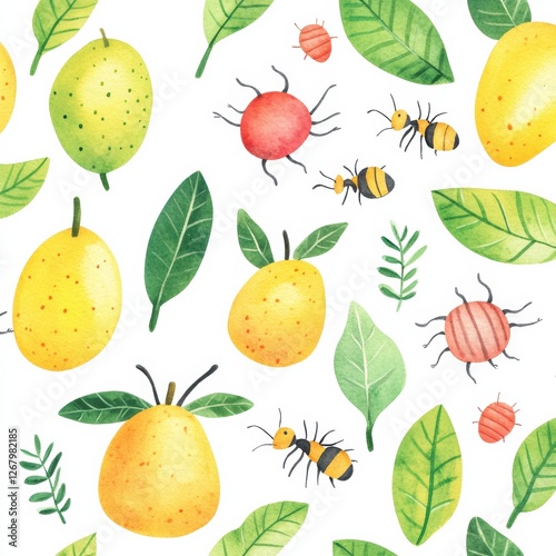 Vibrant watercolor illustration featuring fruit and insects among green leaves in a lively, natural setting. Generative AI