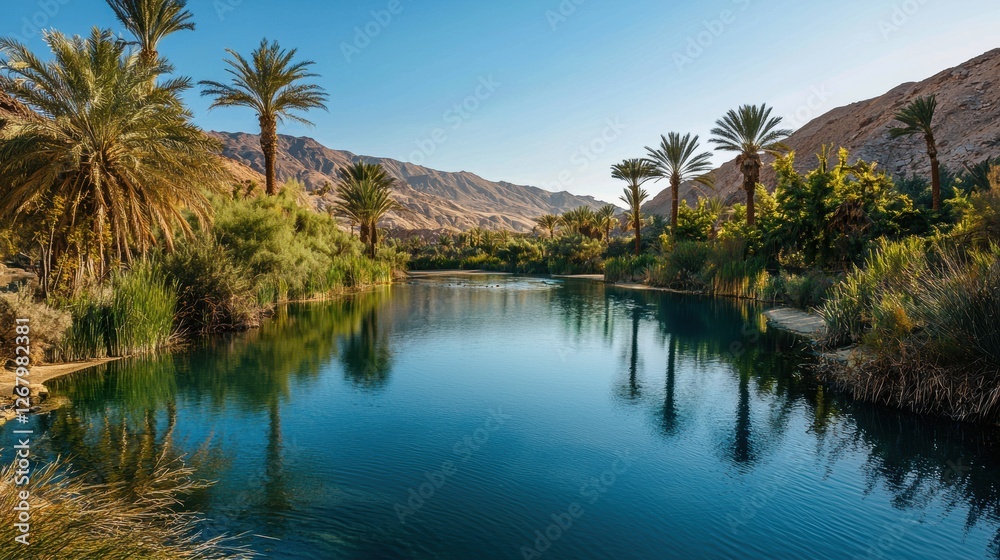 National Geographic A desert oasis with a calm blue lake surrounded by palm trees. National Geographic A desert oasis with a calm blue lake surrounded by palm trees.