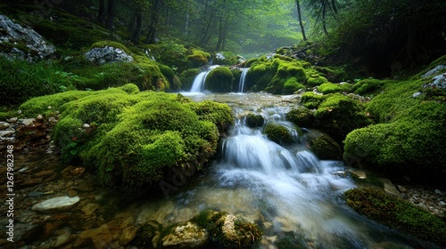 National Geographic A crystal-clear mountain spring flowing through moss-covered rocks.