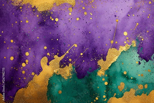 Mardi Gras Background Abstract Purple Teal and Gold Watercolor Texture with Glitter Splashes